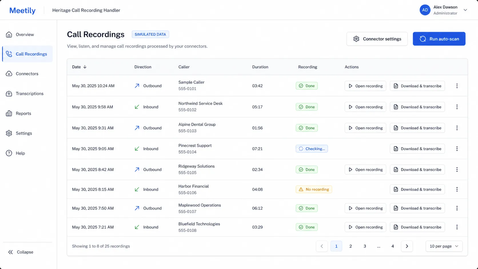 Simulated Desktop Lite screen listing fictional inbound and outbound call recordings with processing statuses