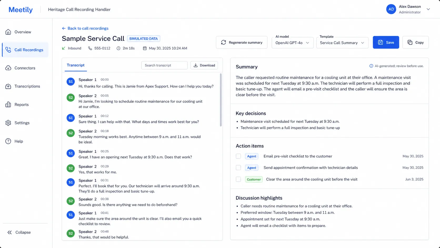 Simulated Desktop Lite screen showing a fictional transcript, summary, decisions, action items, and discussion highlights